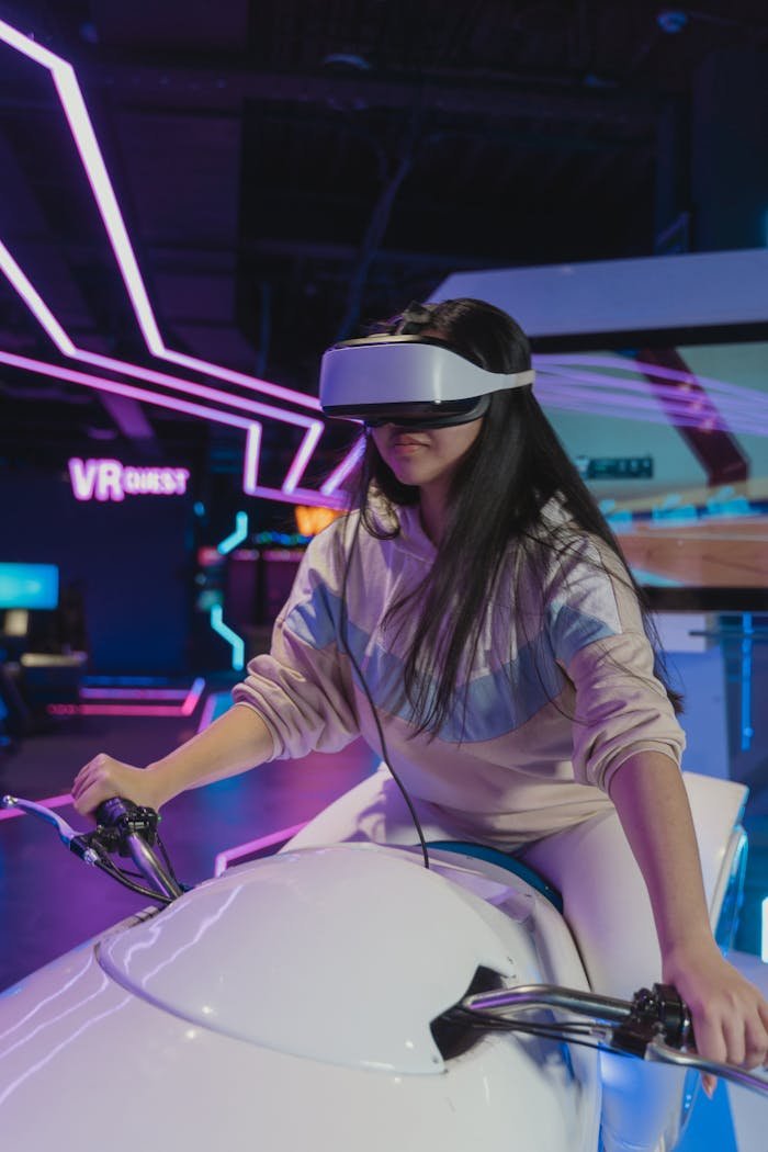 Young woman immersed in a virtual reality ride at an arcade. Exciting and interactive VR experience.